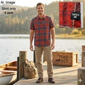 Toad&Co Organic Cotton Short Sleeve Men L Plaid Shirt Red Gorpcore Rustic Earthy